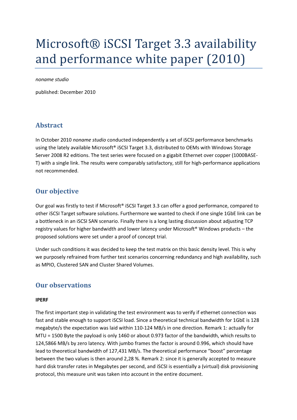 Microsoft® Iscsi Target 3.3 Availability and Performance White Paper (2010) Noname Studio Published: December 2010
