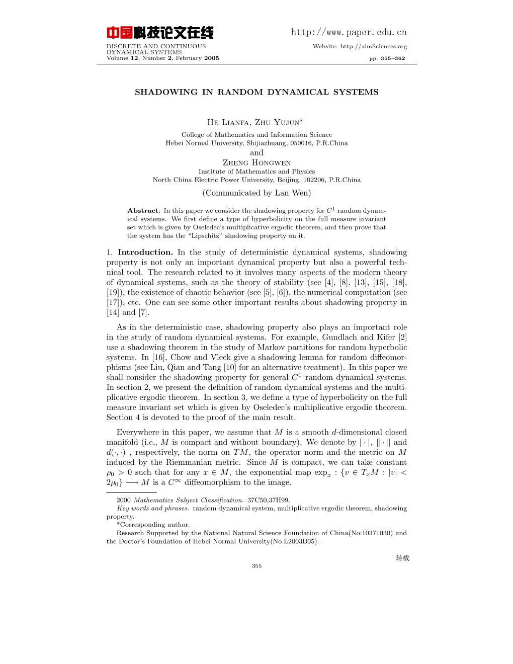 中国科技论文在线 DISCRETE and CONTINUOUS Website: DYNAMICAL SYSTEMS Volume 12,Number2, February 2005 Pp