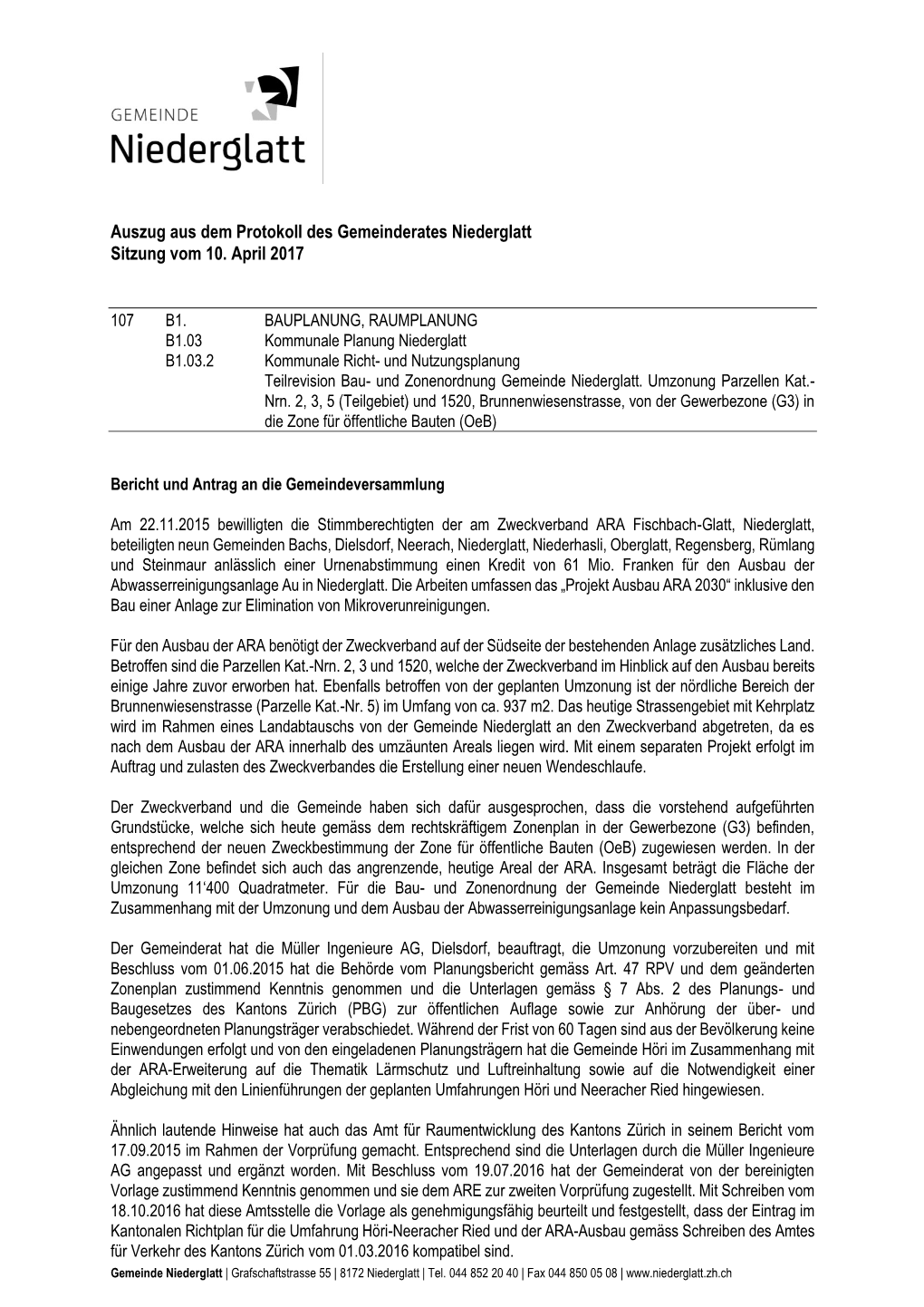 Auszug Aus Dem Protokoll Des Gemeinderates Niederglatt Sitzung Vom 10. April 2017