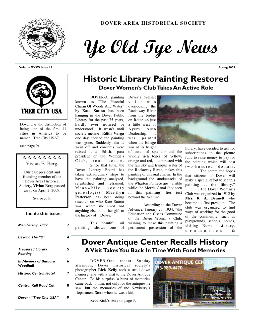 Spring 2009 Historic Library Painting Restored Dover Women’S Club Takes an Active Role