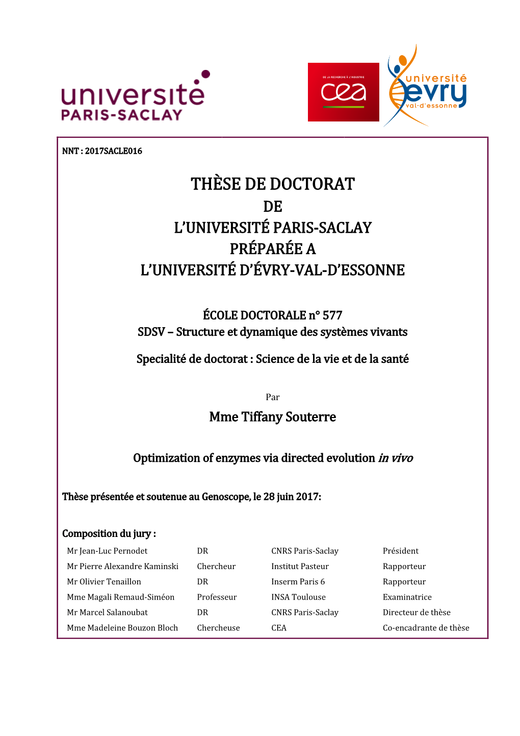 Thèse De Doctorat De L’Université Paris-Saclay Préparée a L’Université D’Évry-Val-D’Essonne