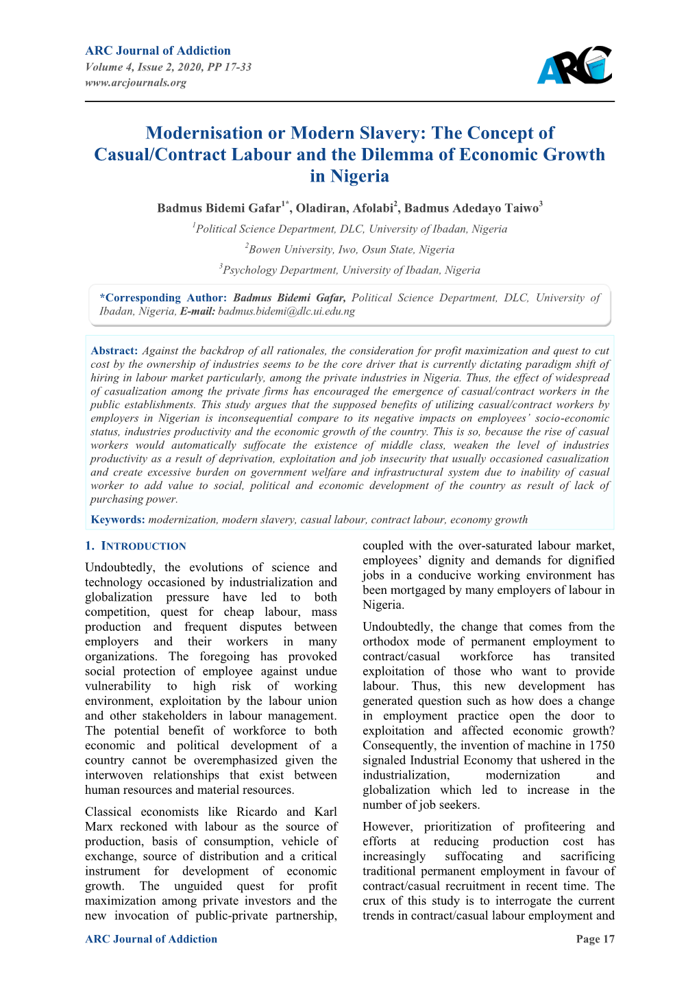 Modernisation Or Modern Slavery: the Concept of Casual/Contract Labour and the Dilemma of Economic Growth in Nigeria