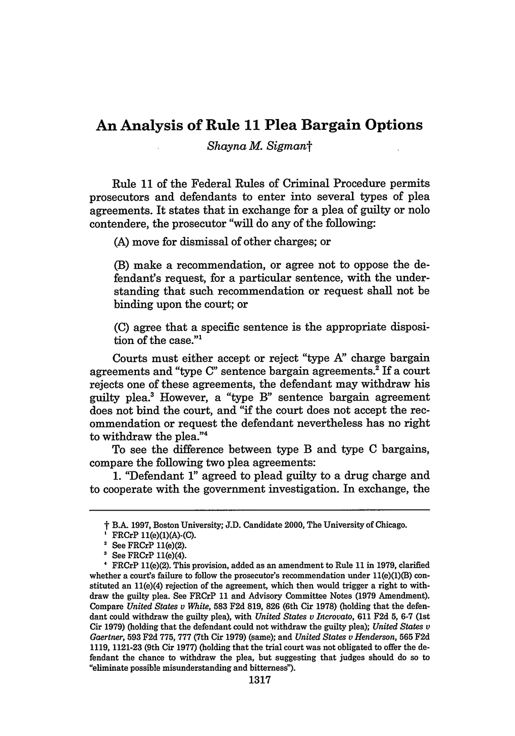 An Analysis of Rule 11 Plea Bargain Options Shayna M