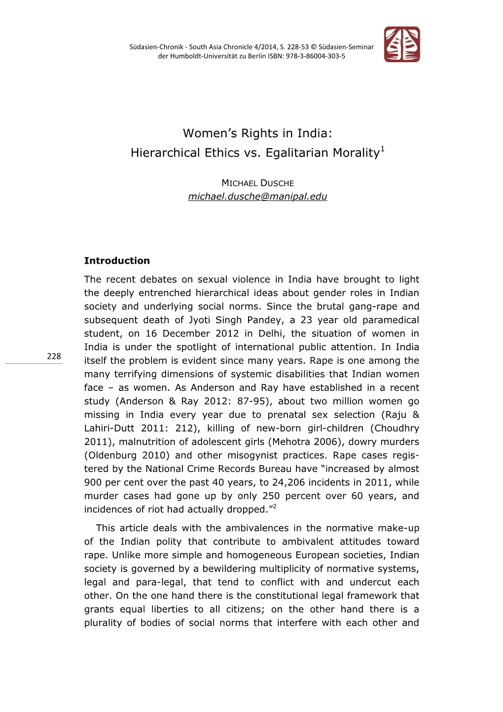 Women's Rights in India: Hierarchical Ethics Vs. Egalitarian Morality