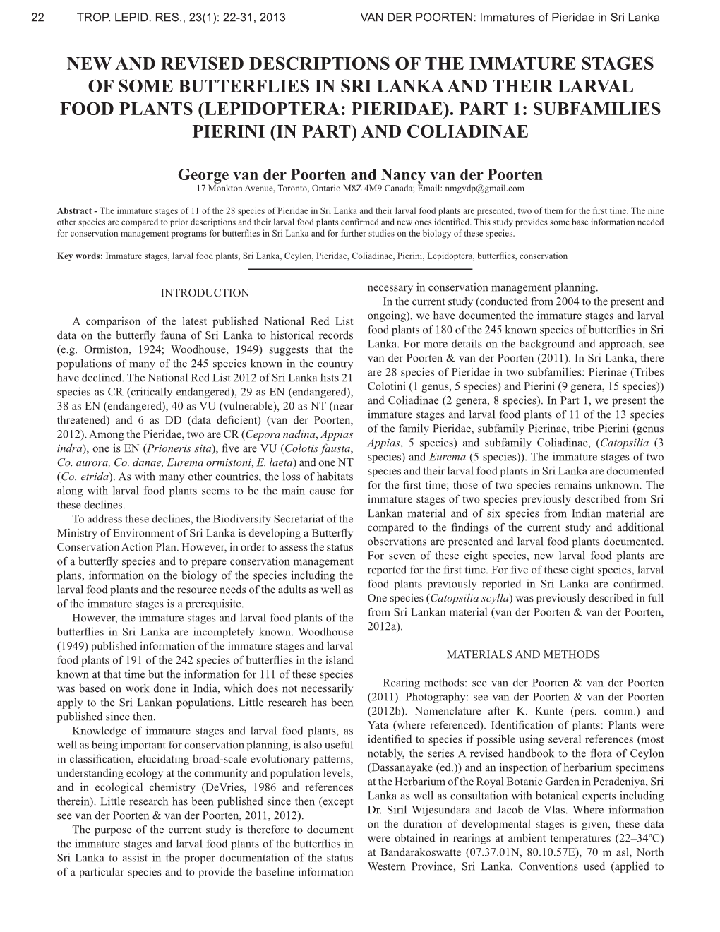 New and Revised Descriptions of the Immature Stages of Some Butterflies in Sri Lanka and Their Larval Food Plants (Lepidoptera: Pieridae)