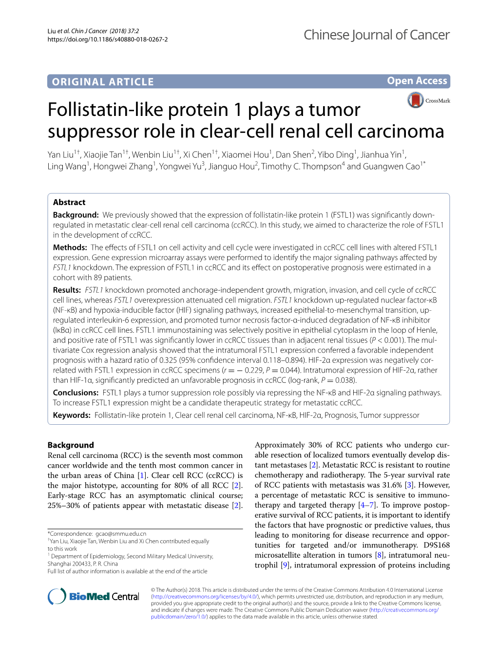 Follistatin-Like Protein 1 Plays a Tumor Suppressor Role in Clear-Cell Renal