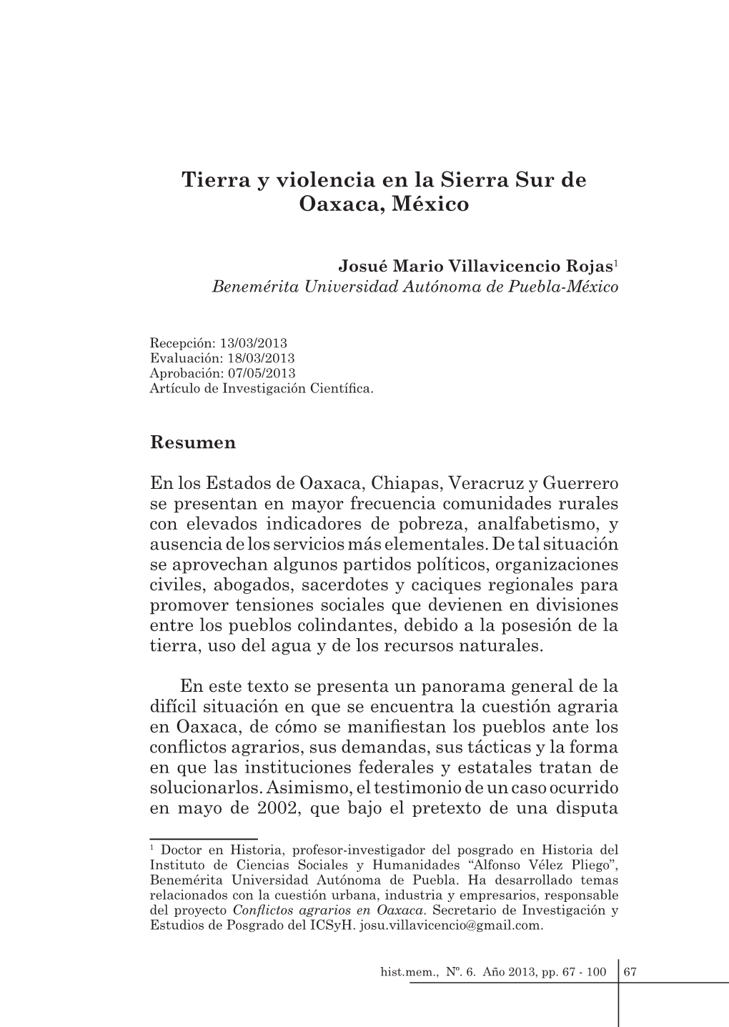 Tierra Y Violencia En La Sierra Sur De Oaxaca, México