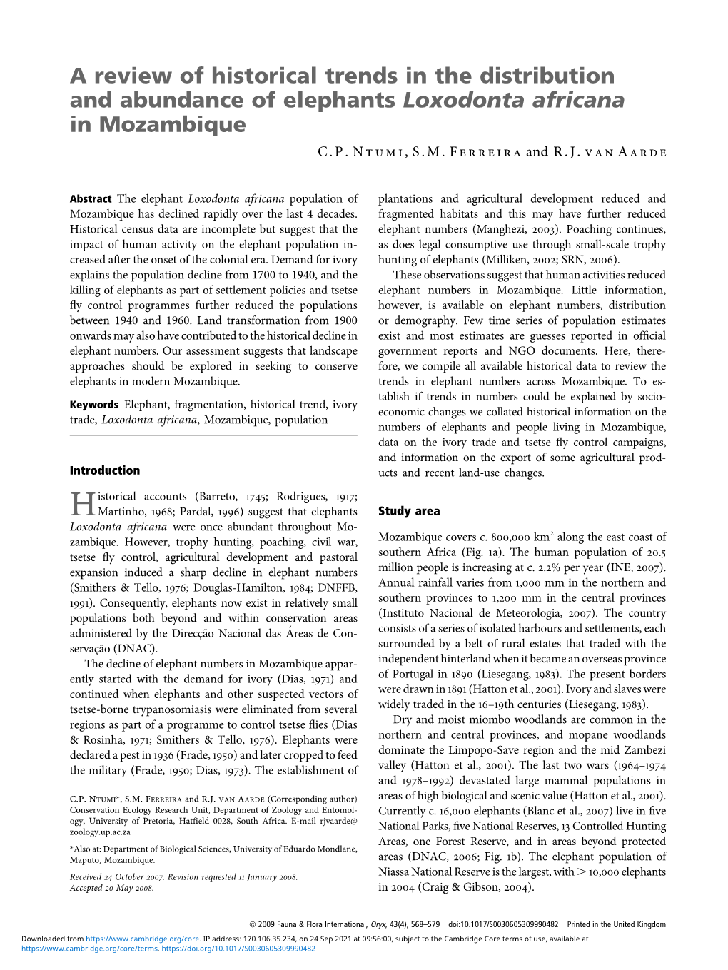 A Review of Historical Trends in the Distribution and Abundance of Elephants Loxodonta Africana in Mozambique C.P