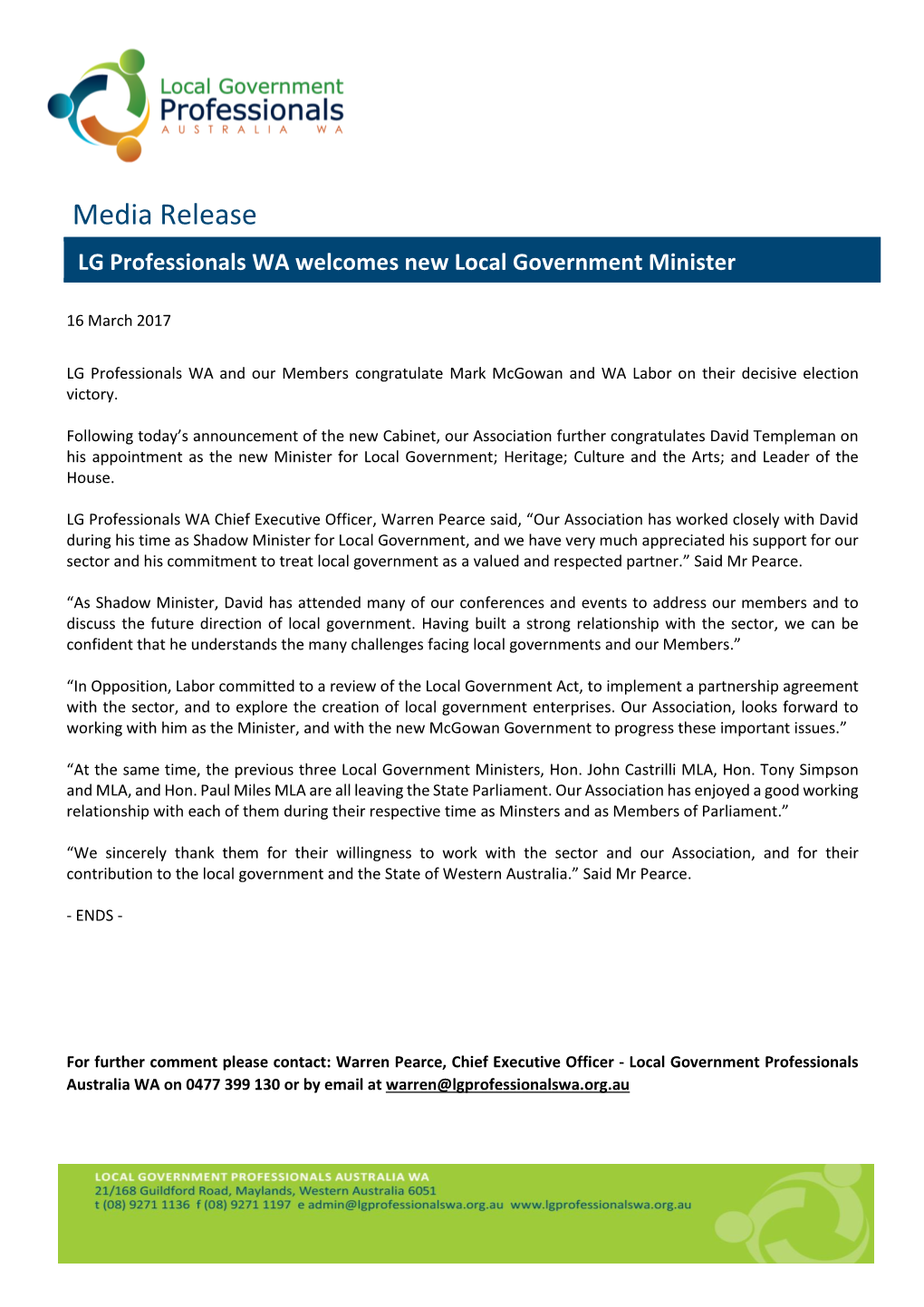 Media Release LG Professionals WA Welcomes New Local Government Minister