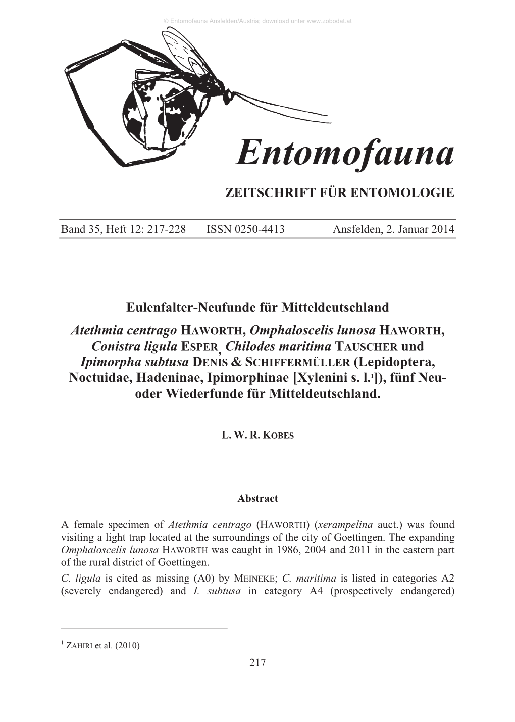Eulenfalter-Neufunde Für Mitteldeutschland Atethmia