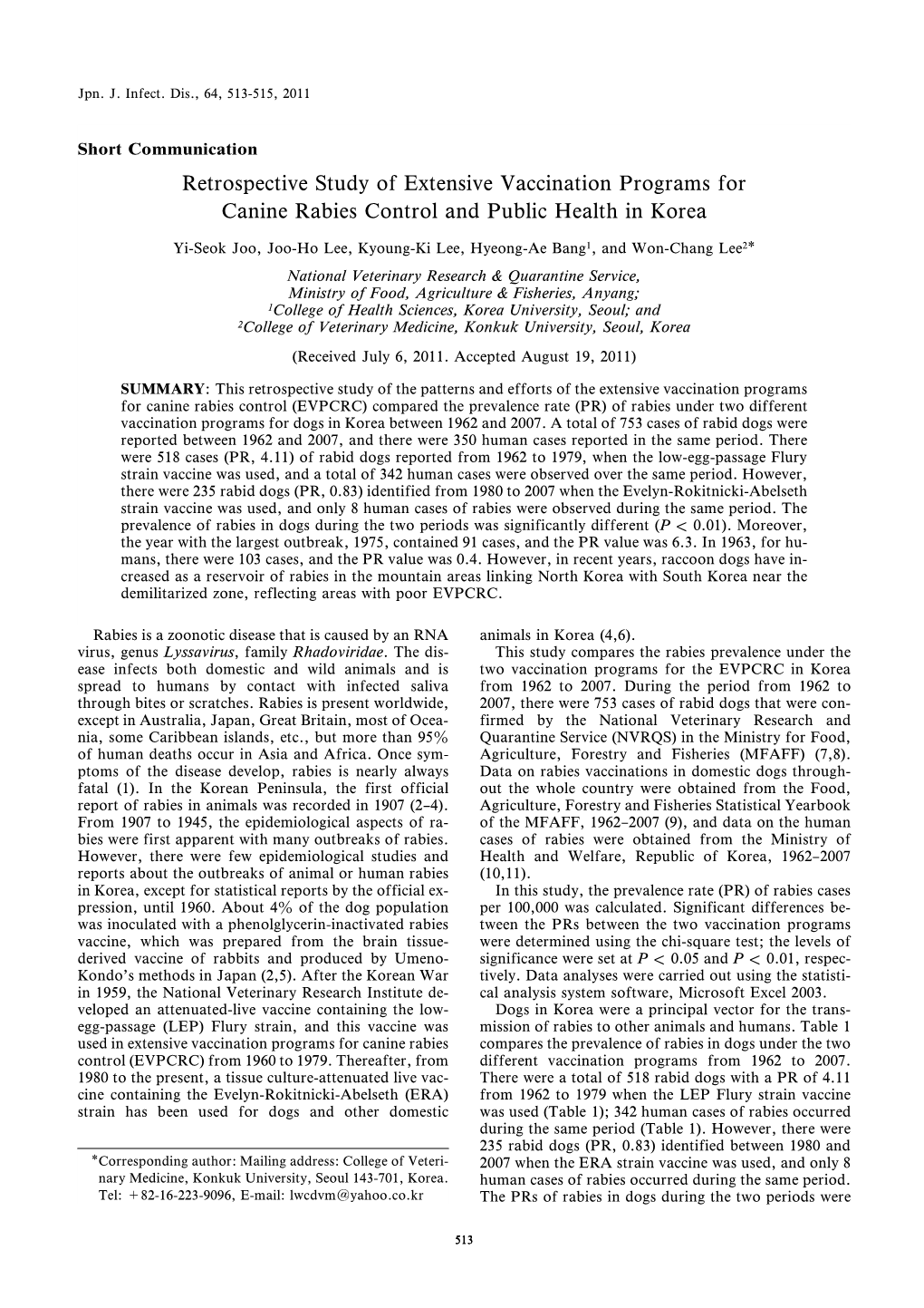 Retrospective Study of Extensive Vaccination Programs for Canine Rabies Control and Public Health in Korea