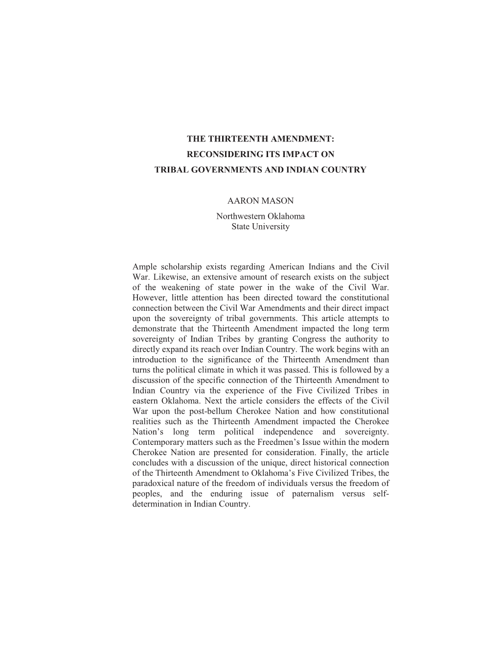 The Thirteenth Amendment: Reconsidering Its Impact on Tribal Governments and Indian Country