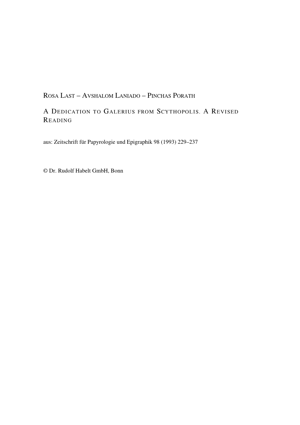 Aus: Zeitschrift Für Papyrologie Und Epigraphik 98 (1993) 229–237 © Dr. Rudolf Habelt Gmbh, Bonn