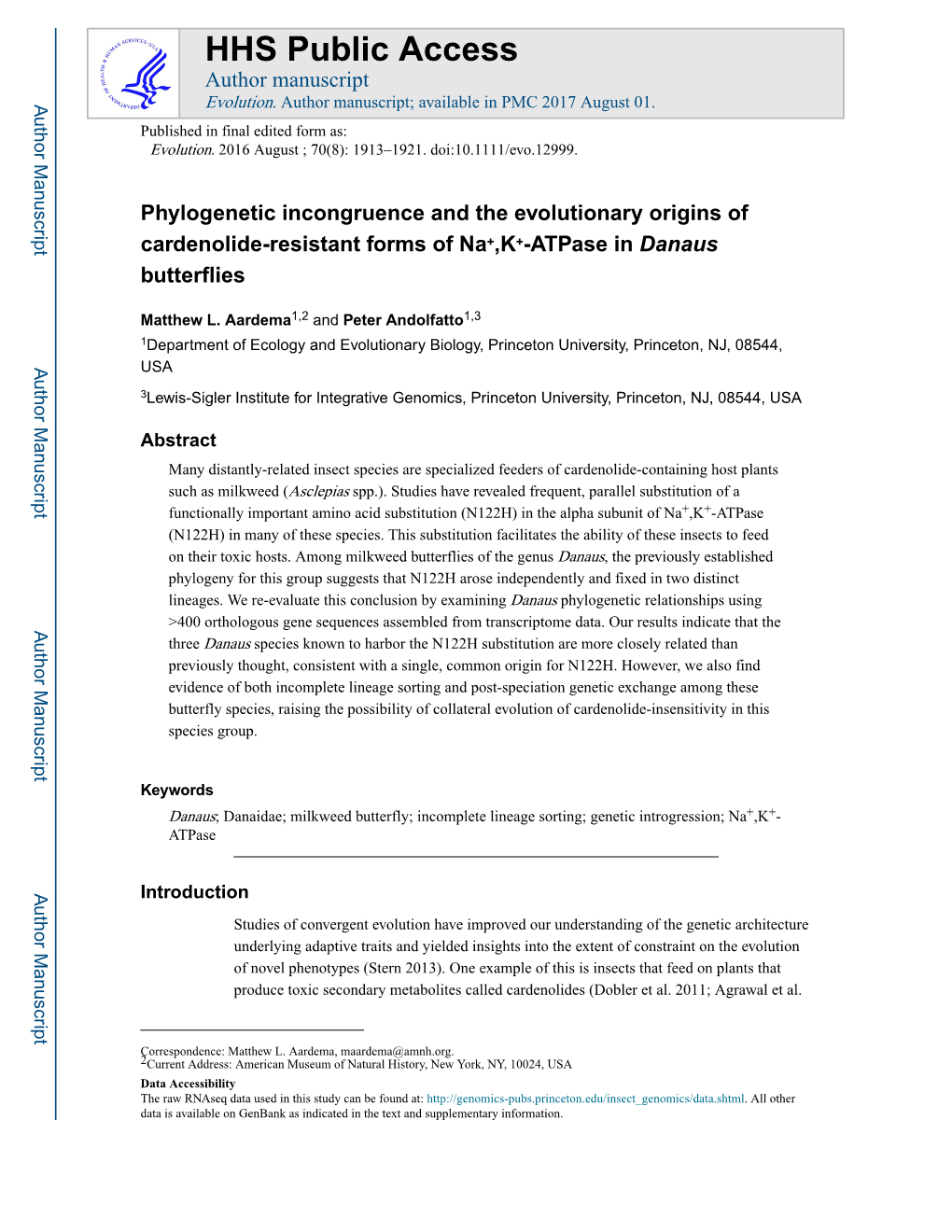 Phylogenetic Incongruence and the Evolutionary Origins of Cardenolide-Resistant Forms of Na+,K+-Atpase in Danaus Butterflies