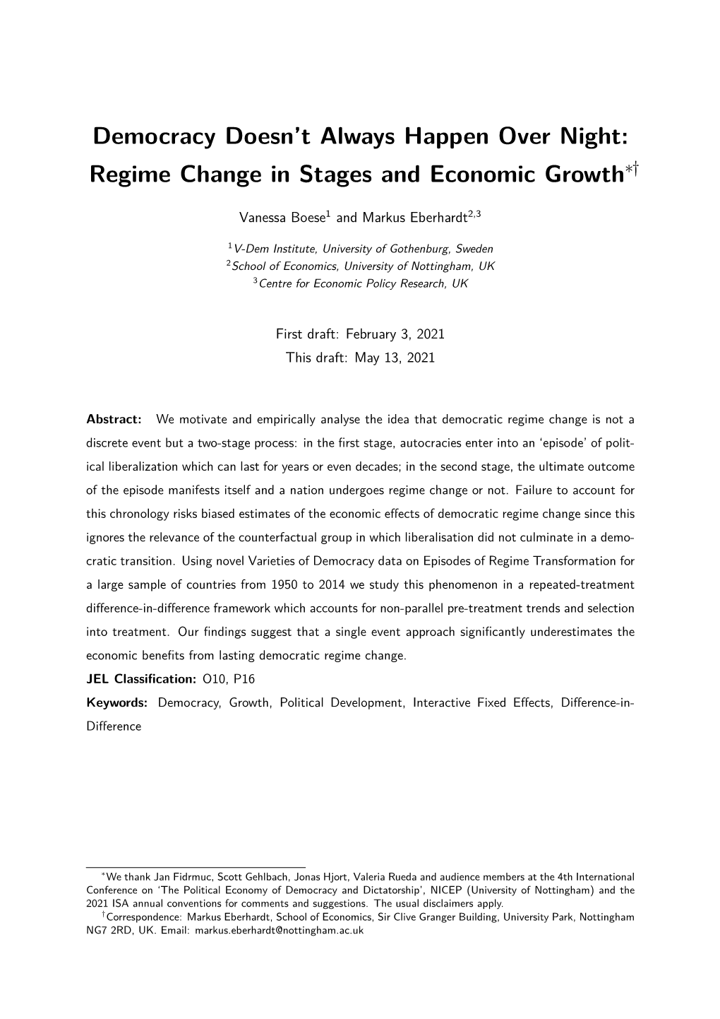 Regime Change in Stages and Economic Growth∗†