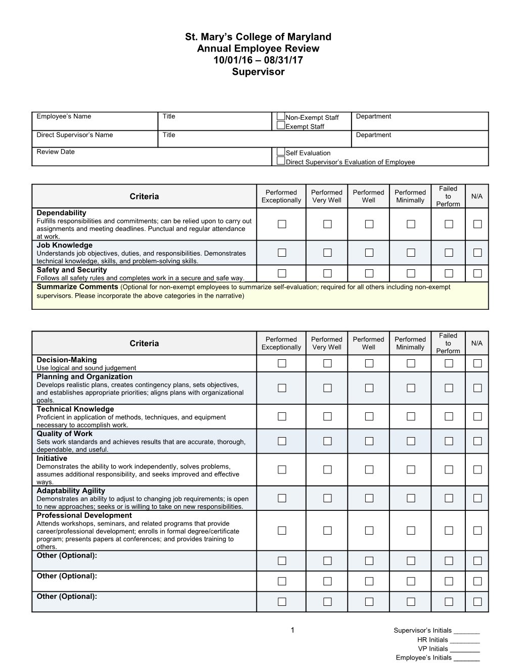 St. Mary S College of Maryland Annual Employee Review