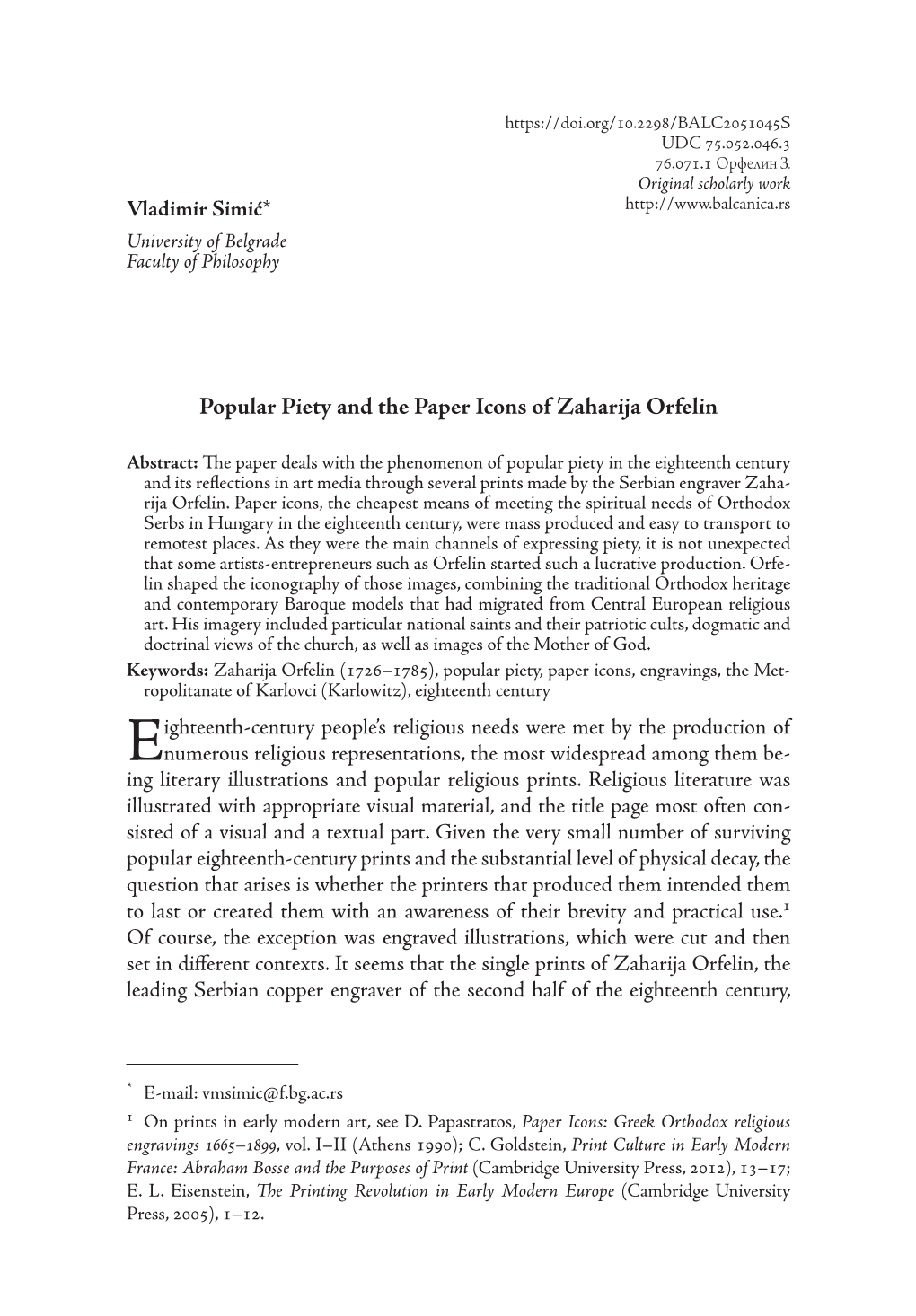 Popular Piety and the Paper Icons of Zaharija Orfelin