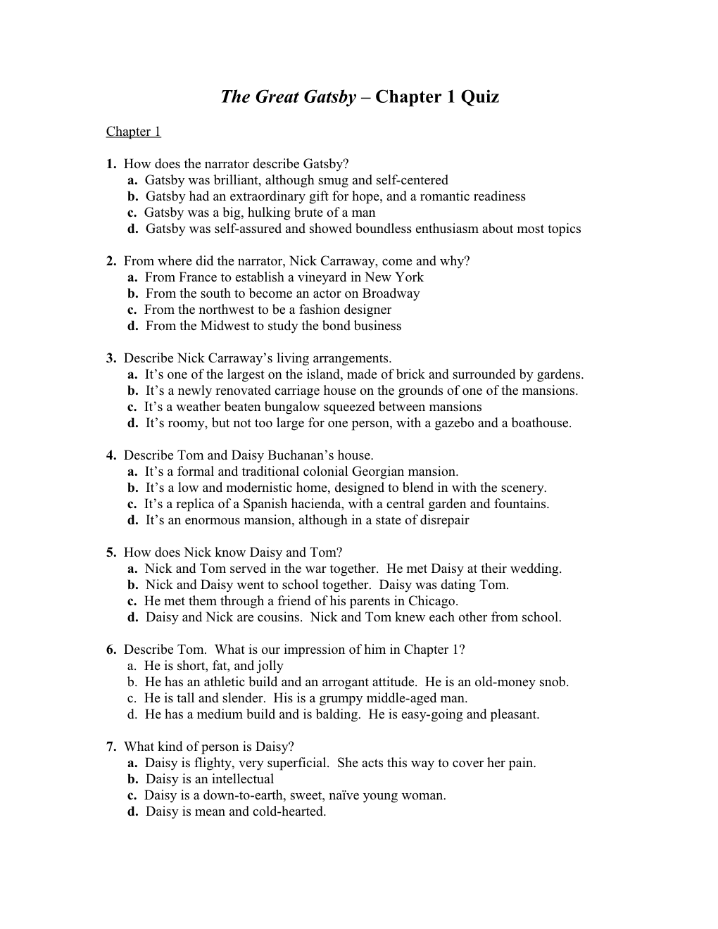 The Great Gatsby Chapter 1 Quiz