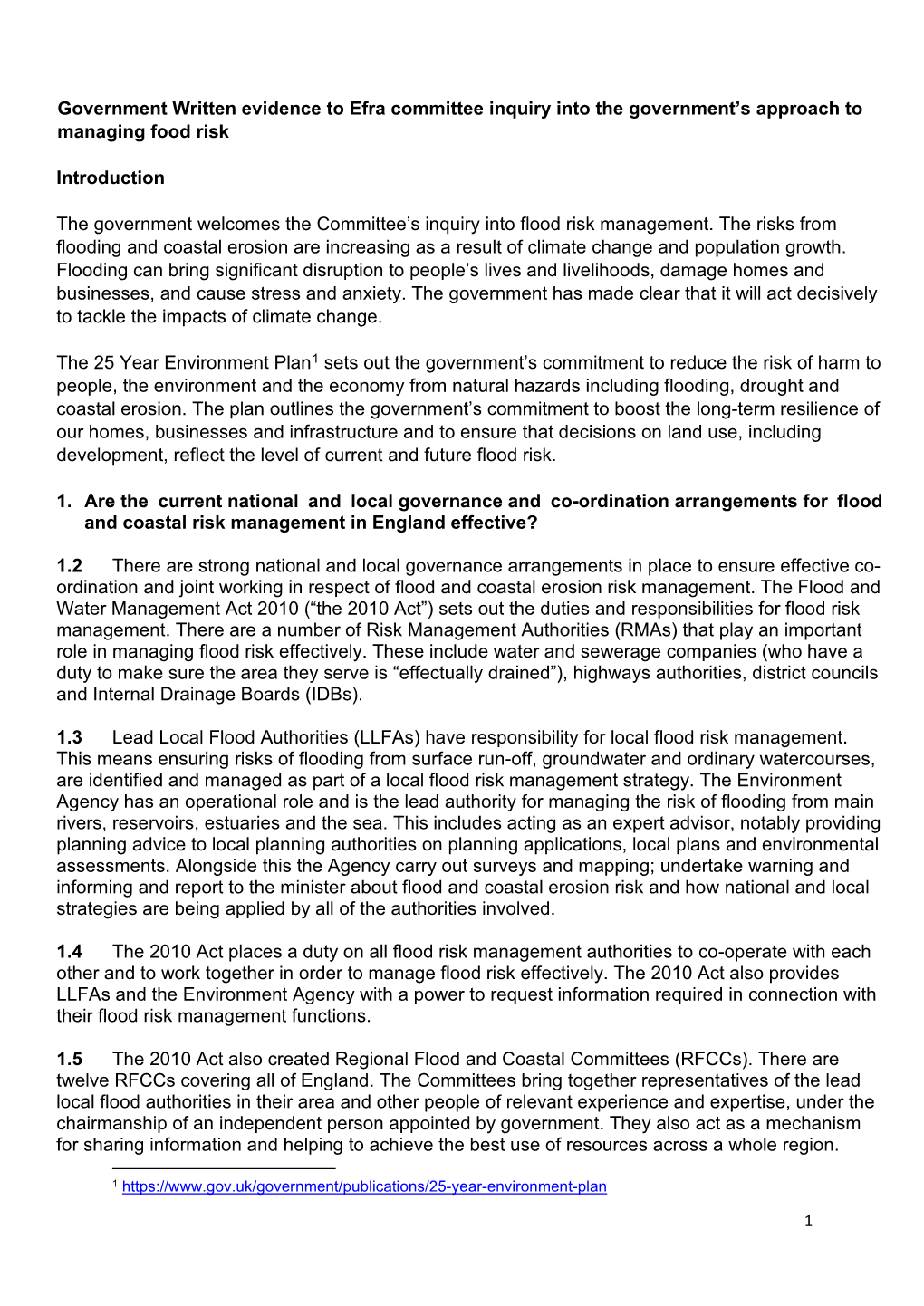 Government Written Evidence to Efra Committee Inquiry Into the Government’S Approach to Managing Food Risk