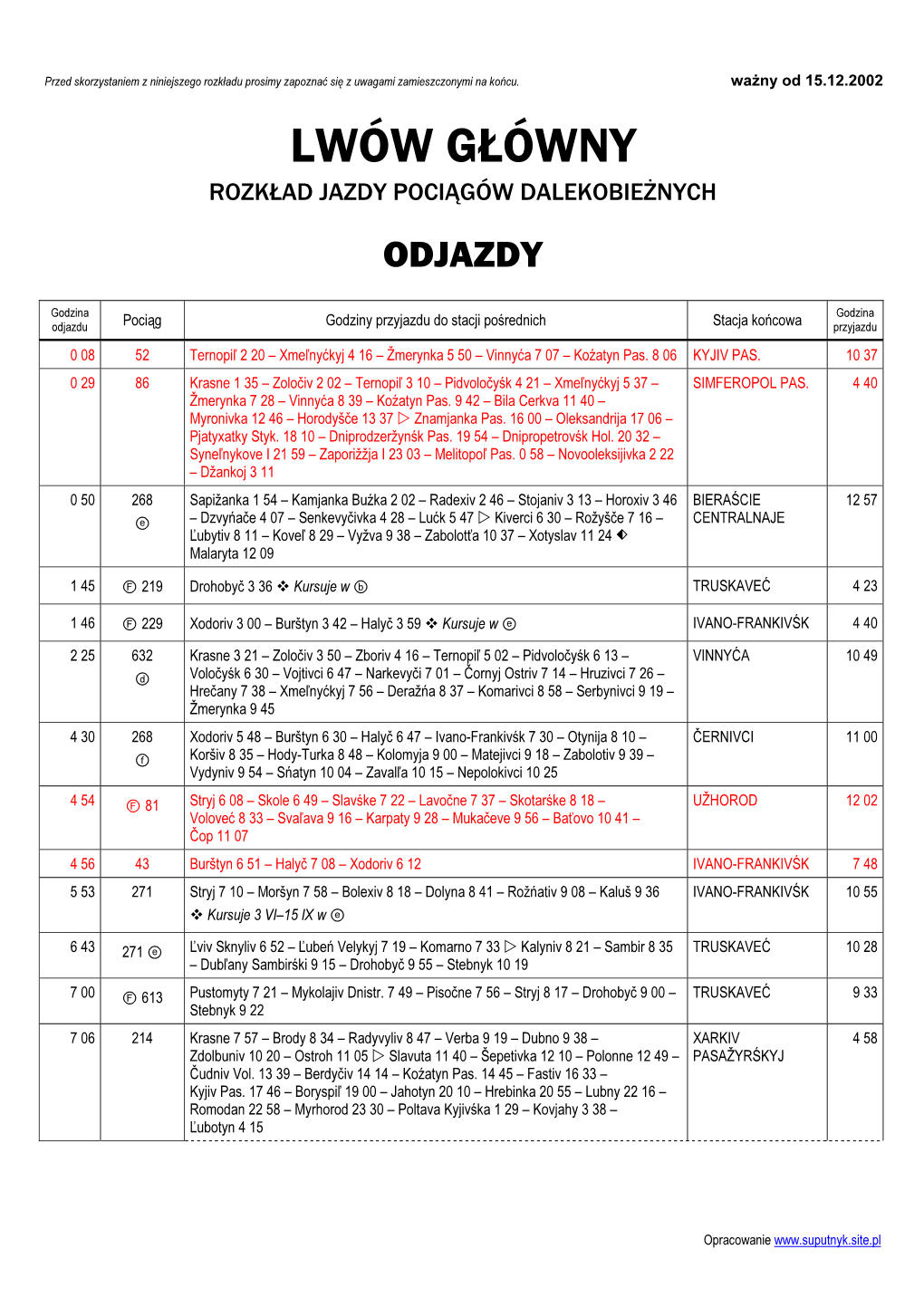 Lwów Główny Rozkład Jazdy Pociągów Dalekobieżnych