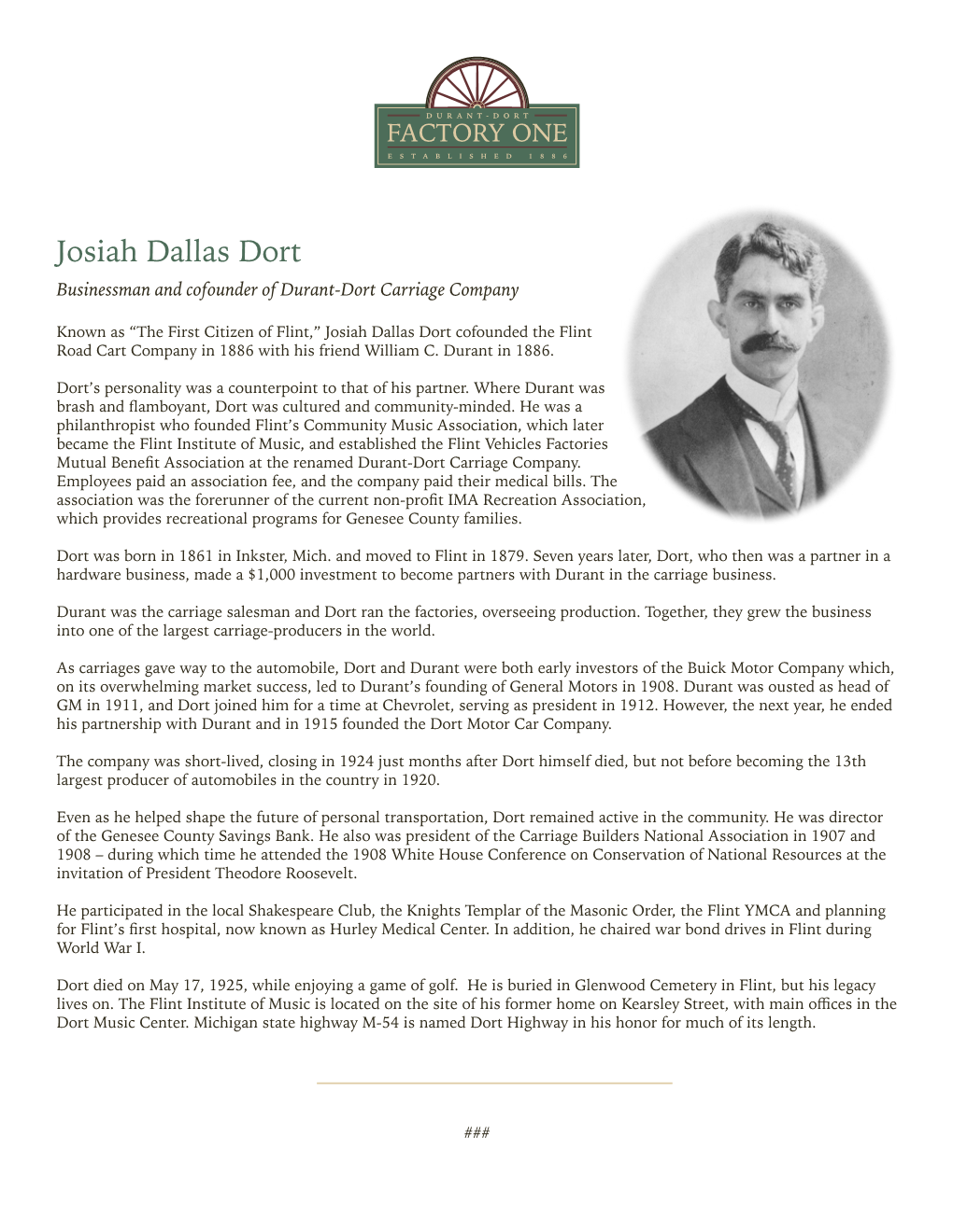 Josiah Dallas Dort Businessman and Cofounder of Durant-Dort Carriage Company