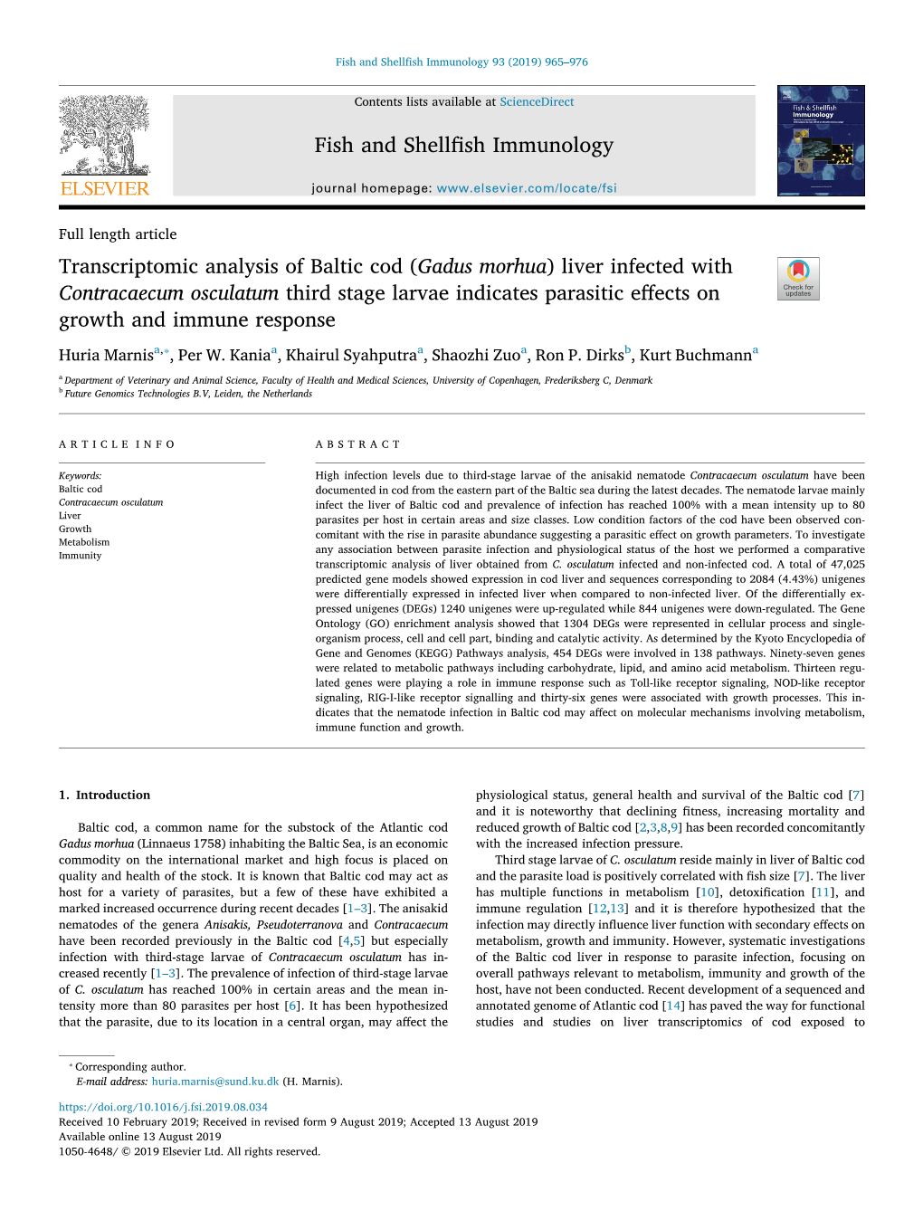 Transcriptomic Analysis of Baltic Cod (Gadus Morhua) Liver Infected With