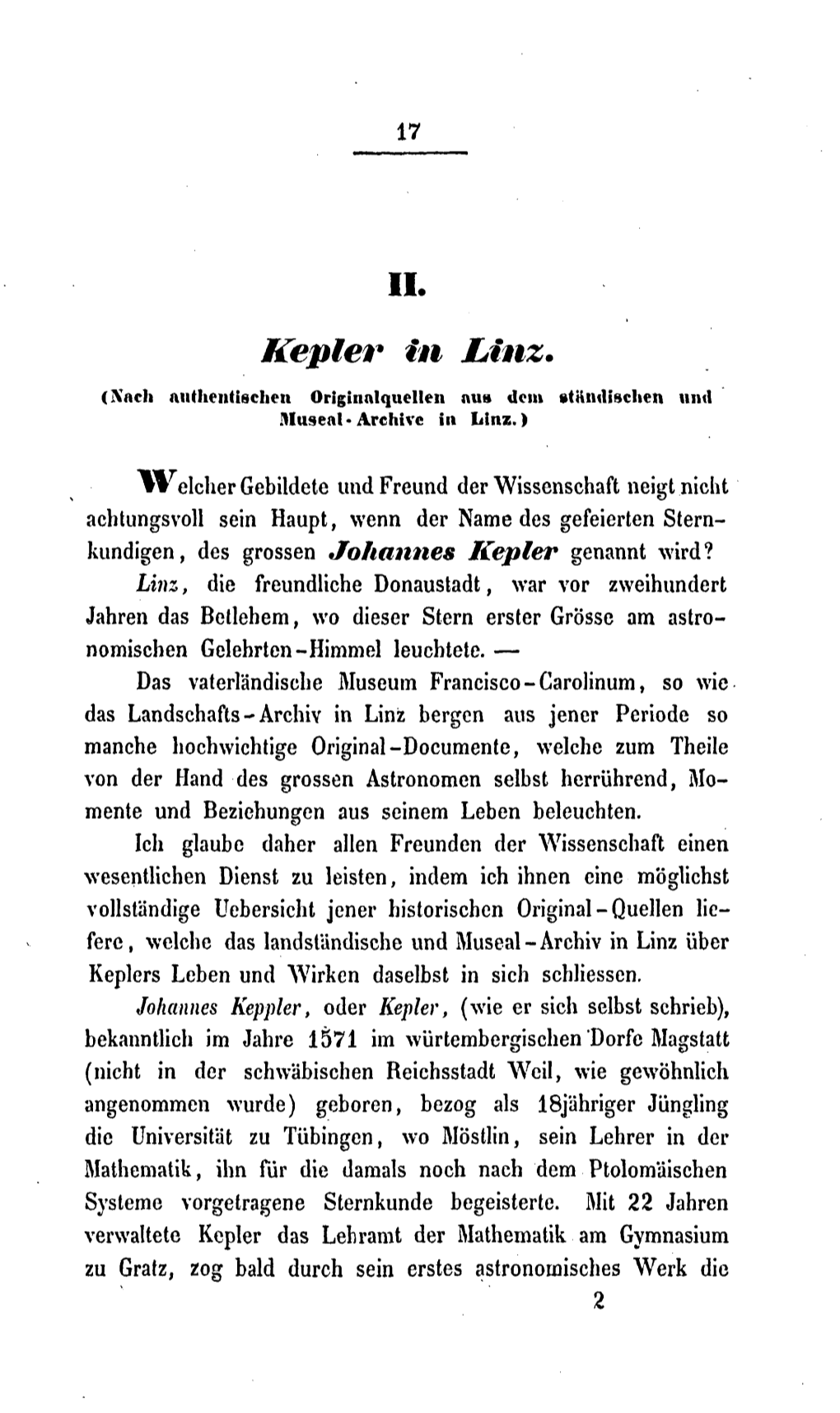 IL Kepler in Linz. (Xfteh Authentischen Originalquellen Nus Dem Ständischen Und Museal• Archive in Linz.)