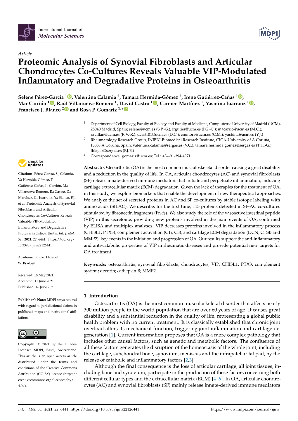 Proteomic Analysis of Synovial Fibroblasts and Articular