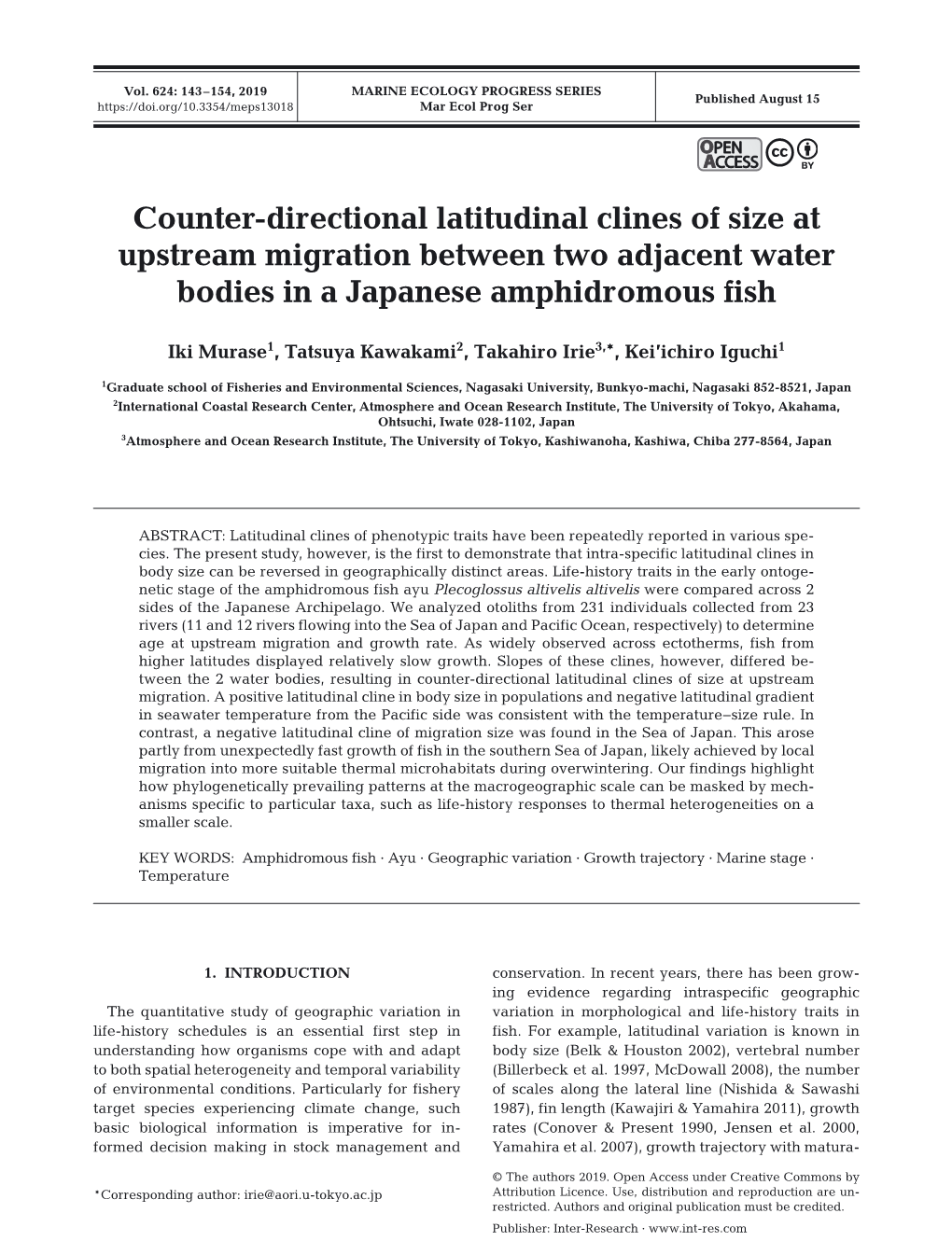 Counter-Directional Latitudinal Clines of Size at Upstream Migration Between Two Adjacent Water Bodies in a Japanese Amphidromous Fish