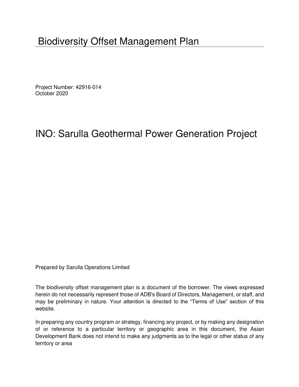 Biodiversity Offset Management Plan INO: Sarulla Geothermal Power