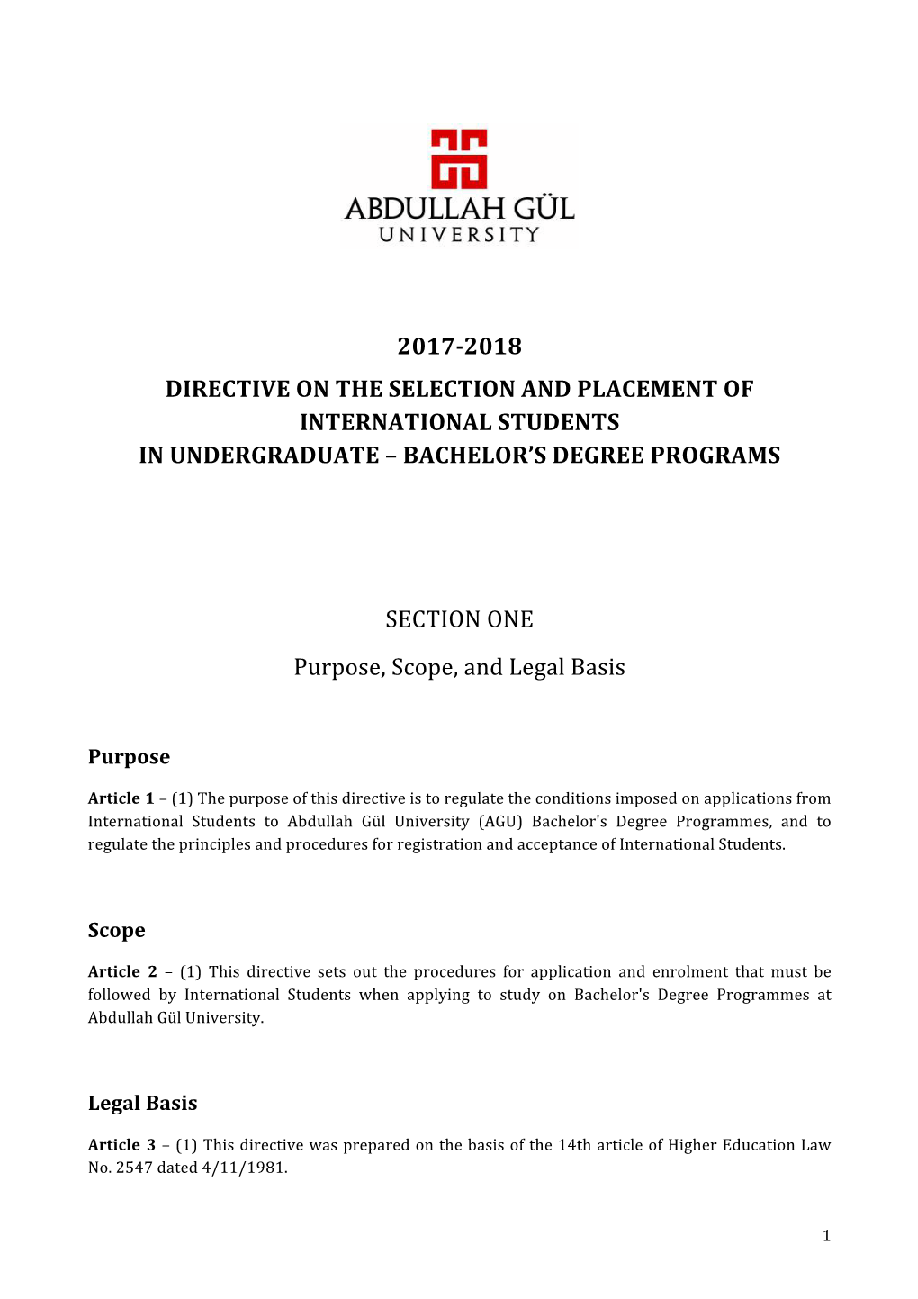 2017-2018 Directive on the Selection and Placement of International Students in Undergraduate – Bachelor’S Degree Programs
