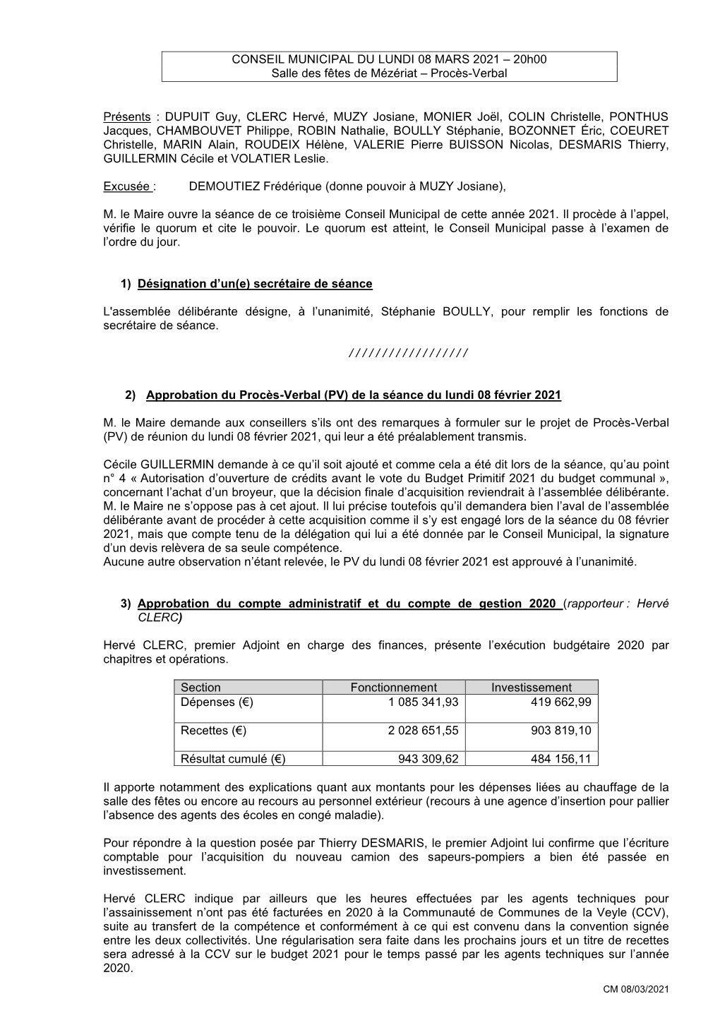 CONSEIL MUNICIPAL DU LUNDI 08 MARS 2021 – 20H00 Salle Des Fêtes De Mézériat – Procès-Verbal