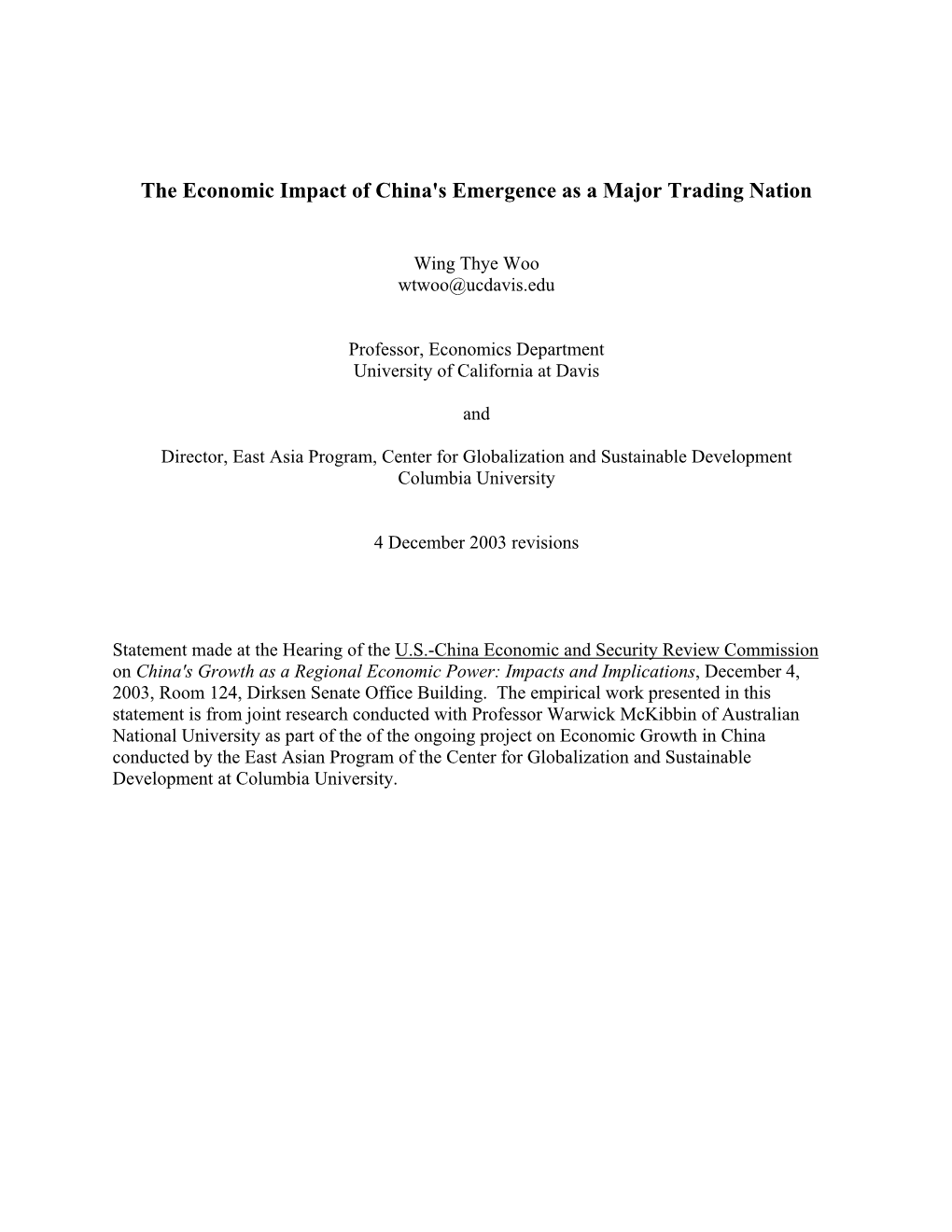 The Economic Impact of China's Emergence As a Major Trading Nation