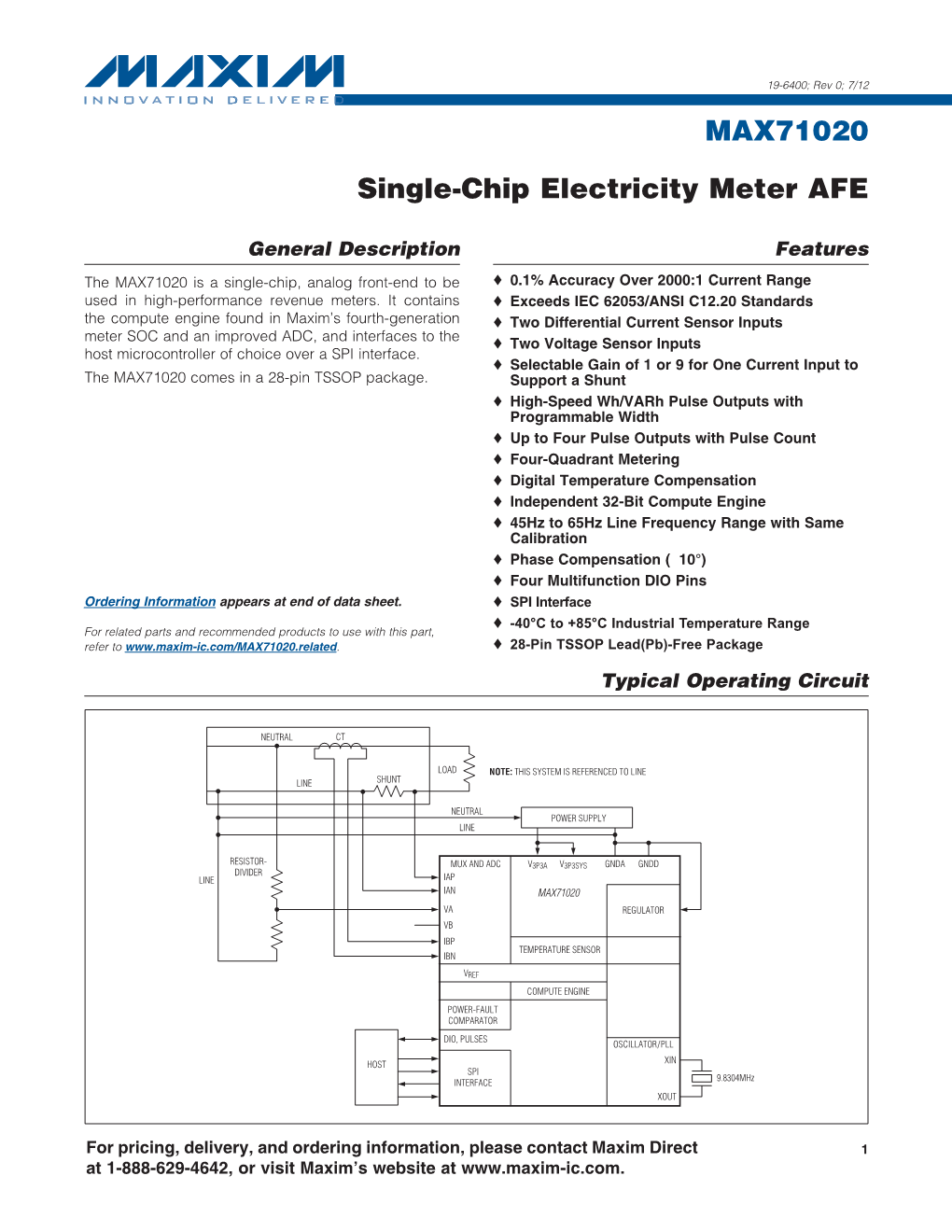 MAX71020 Single-Chip Electricity Meter