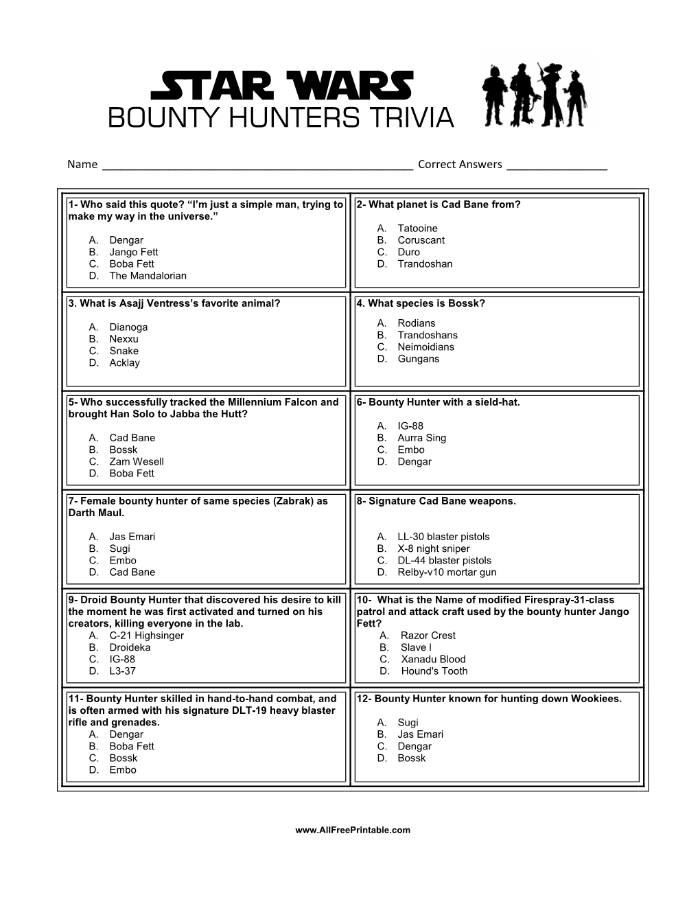 Star Wars BOUNTY HUNTERS TRIVIA