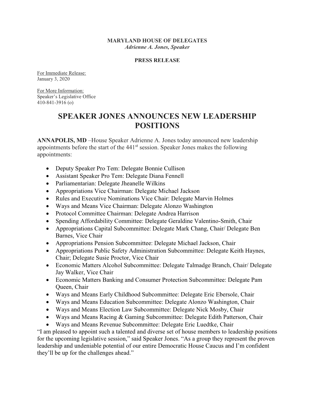 Speaker Jones Announces New Leadership Positions