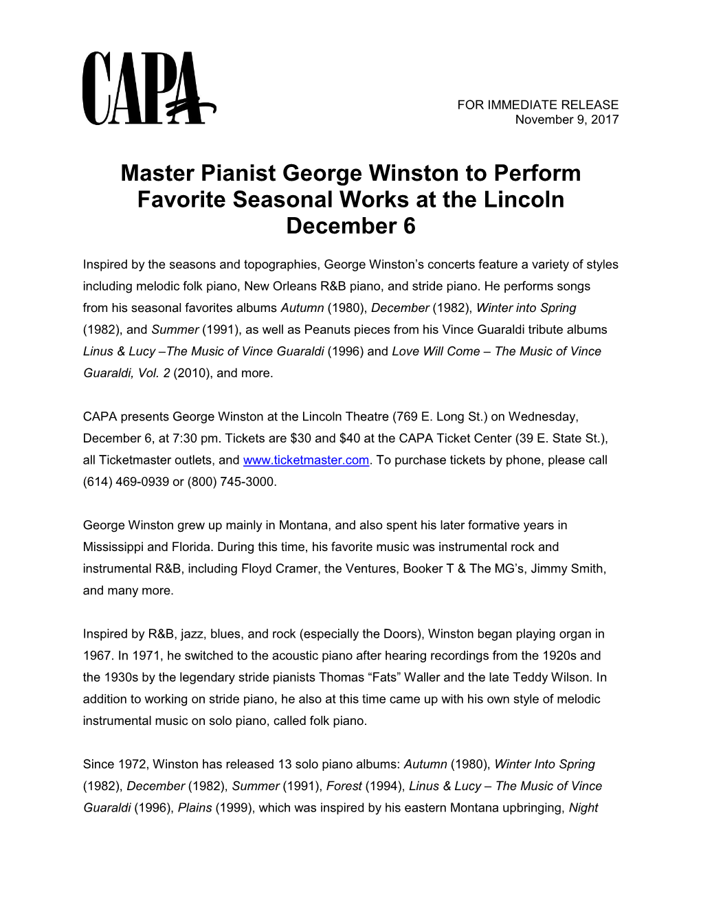 Master Pianist George Winston to Perform Favorite Seasonal Works at the Lincoln December 6