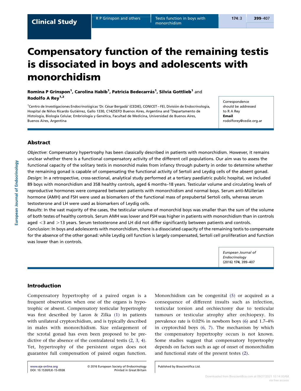 Compensatory Function of the Remaining Testis Is Dissociated in Boys and Adolescents with Monorchidism