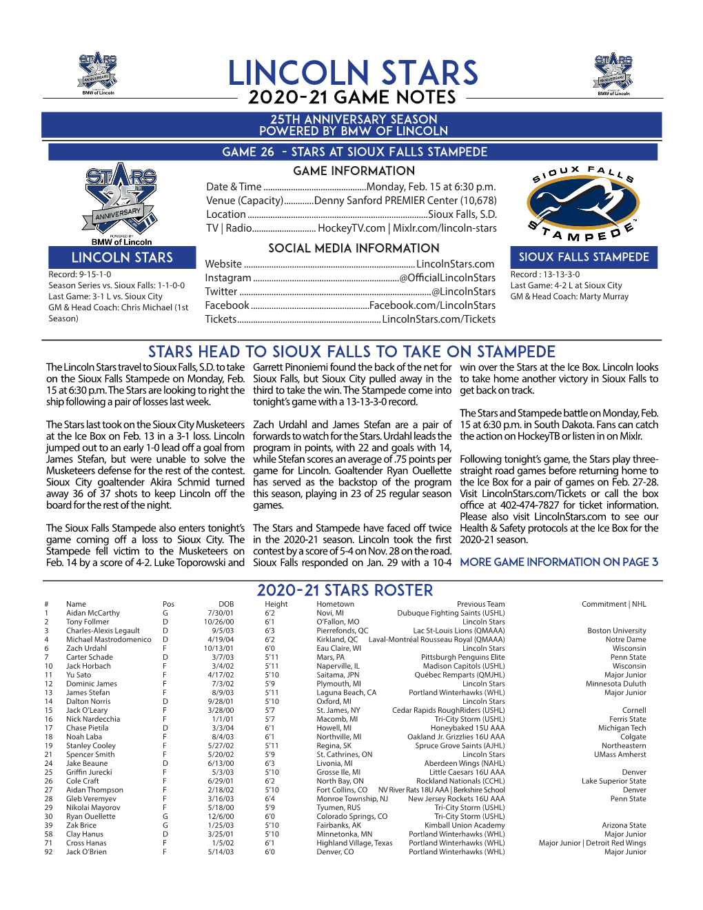 February 15Th @ Sioux Falls Game Notes