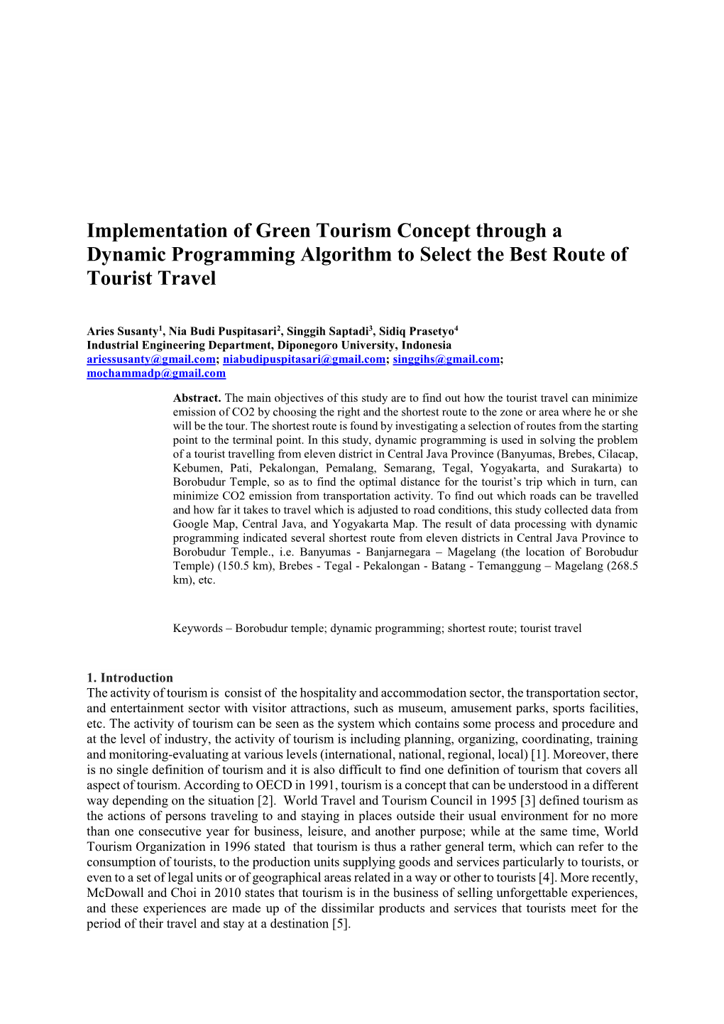 Implementation of Green Tourism Concept Through a Dynamic Programming Algorithm to Select the Best Route of Tourist Travel