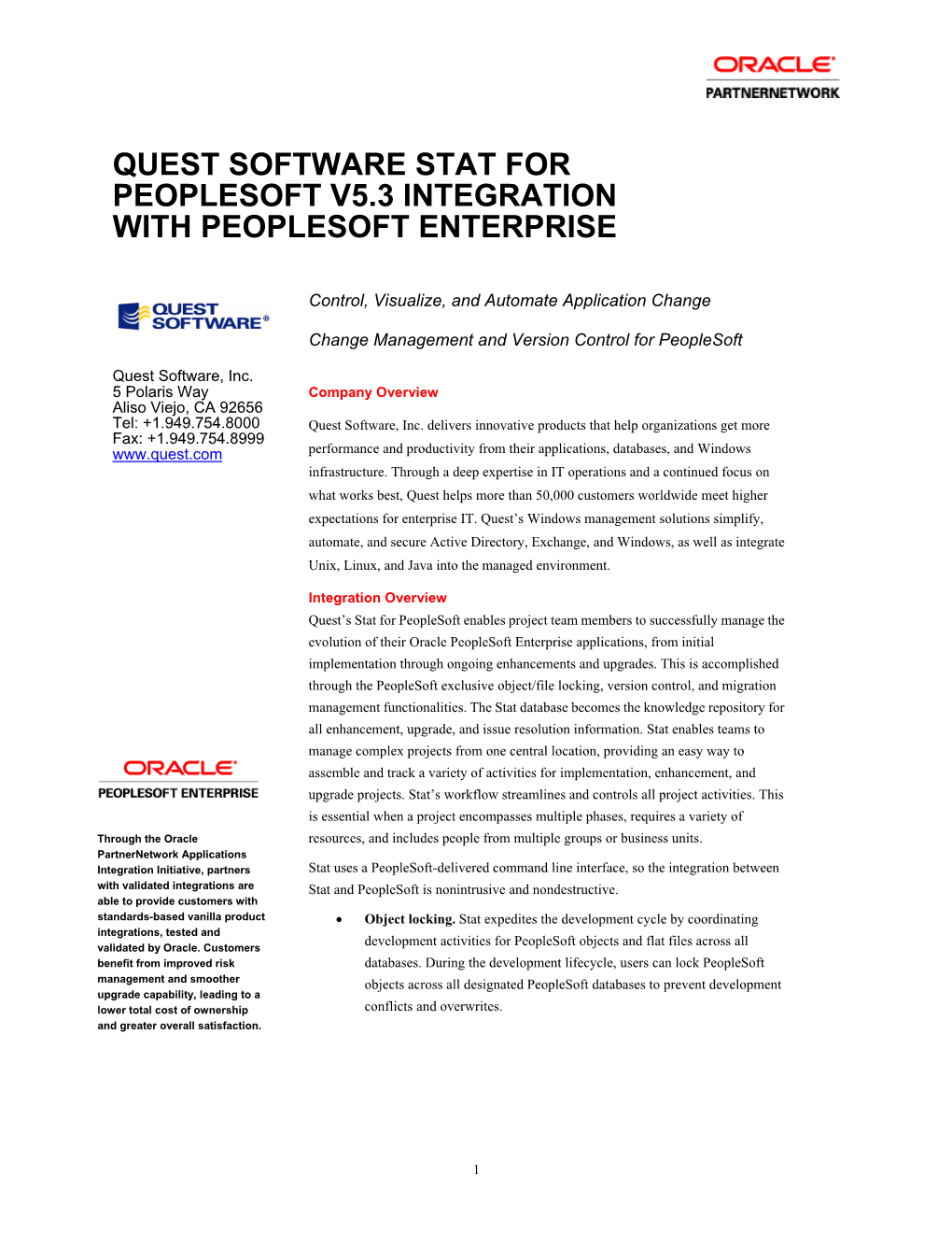 Quest Software Stat for Peoplesoft V5.3 Integration with Peoplesoft Enterprise