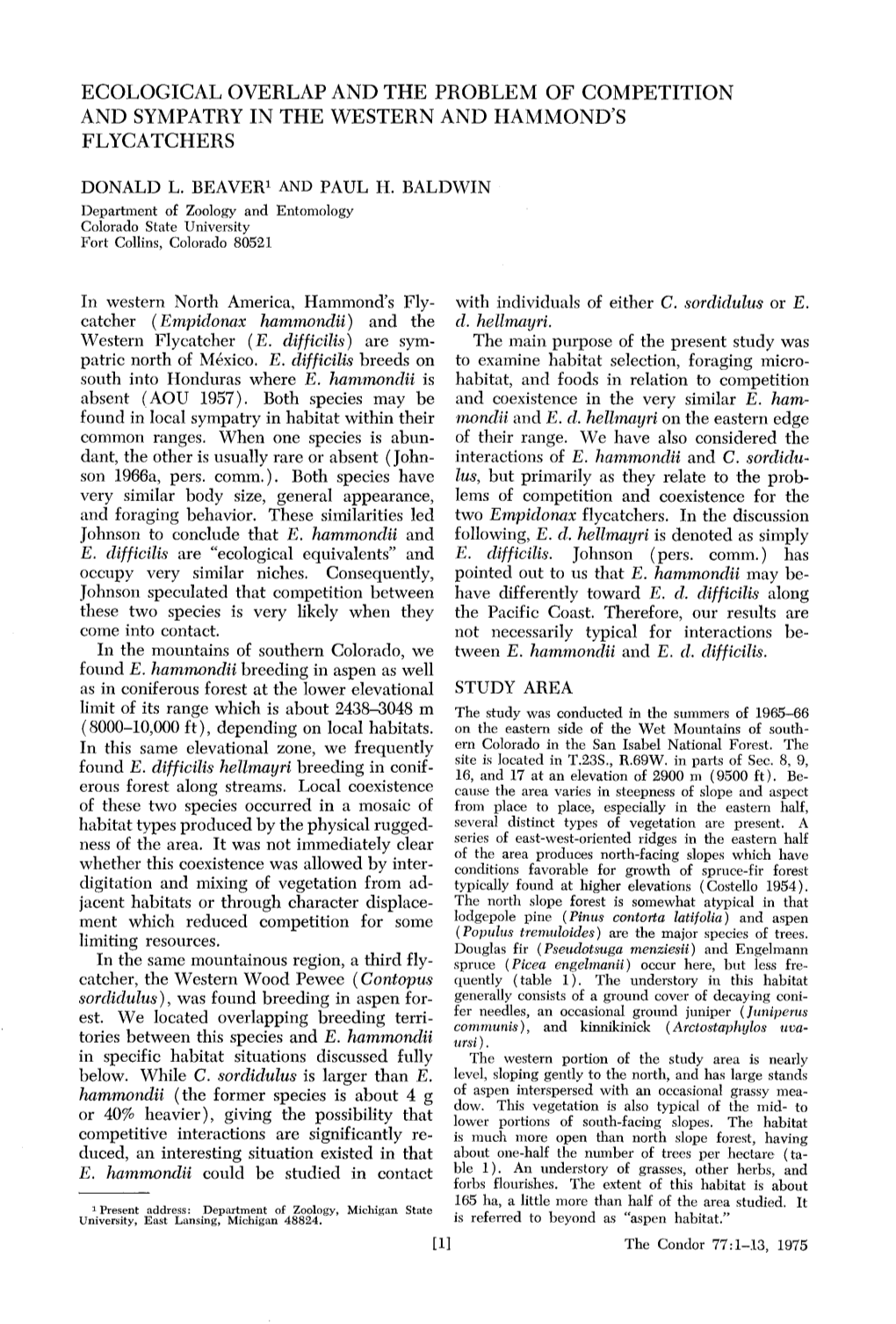 Ecological Overlap and the Problem of Competition and Sympatry in the Western and Hammond's Flycatchers