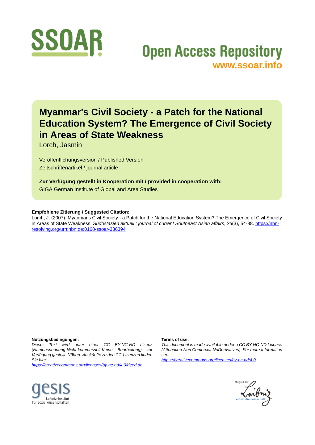 Myanmar's Civil Society - a Patch for the National Education System? the Emergence of Civil Society in Areas of State Weakness Lorch, Jasmin