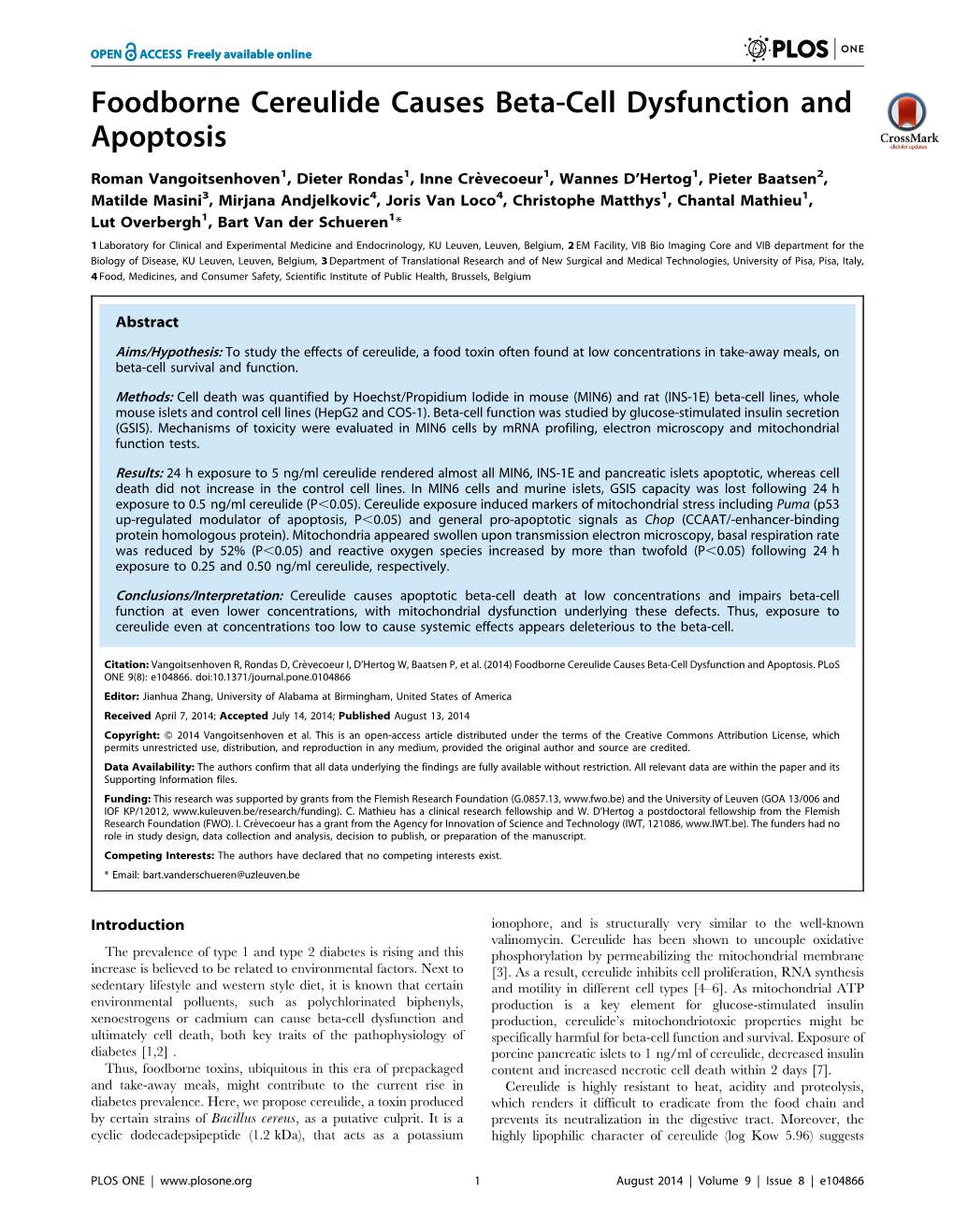 Foodborne Cereulide Causes Beta-Cell Dysfunction and Apoptosis