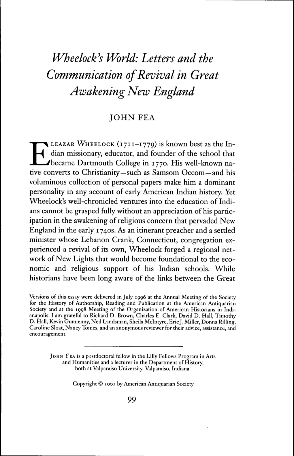 Wheelock's World: Letters and the Communication of Revival in Great Awakening New England