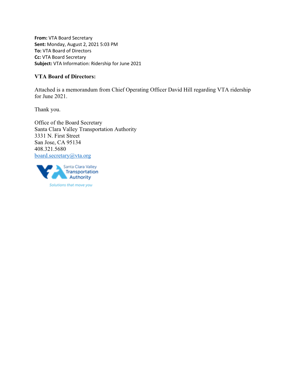 VTA Board of Directors: Attached Is a Memorandum from Chief Operating