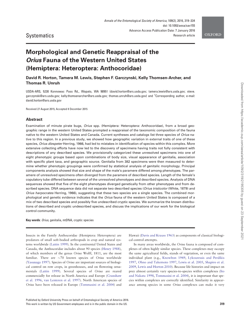 Morphological and Genetic Reappraisal of the Orius Fauna of the Western United States (Hemiptera: Heteroptera: Anthocoridae)