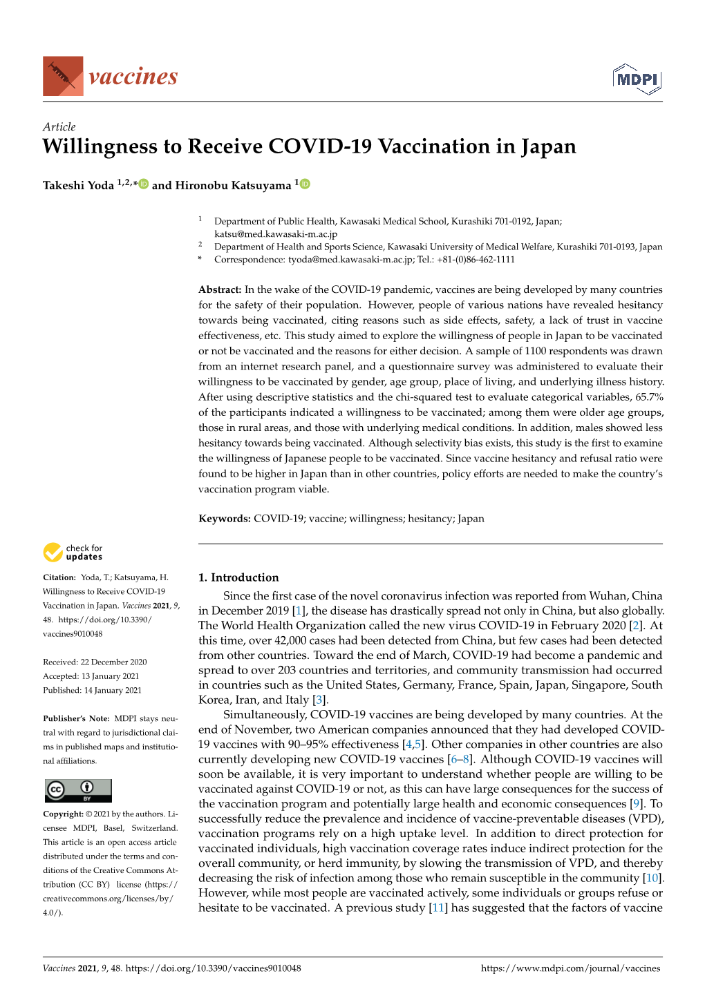 Willingness to Receive COVID-19 Vaccination in Japan