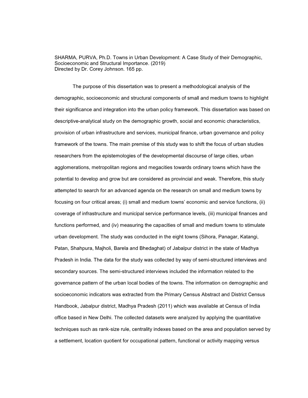 SHARMA, PURVA, Ph.D. Towns in Urban Development: a Case Study of Their Demographic, Socioeconomic and Structural Importance