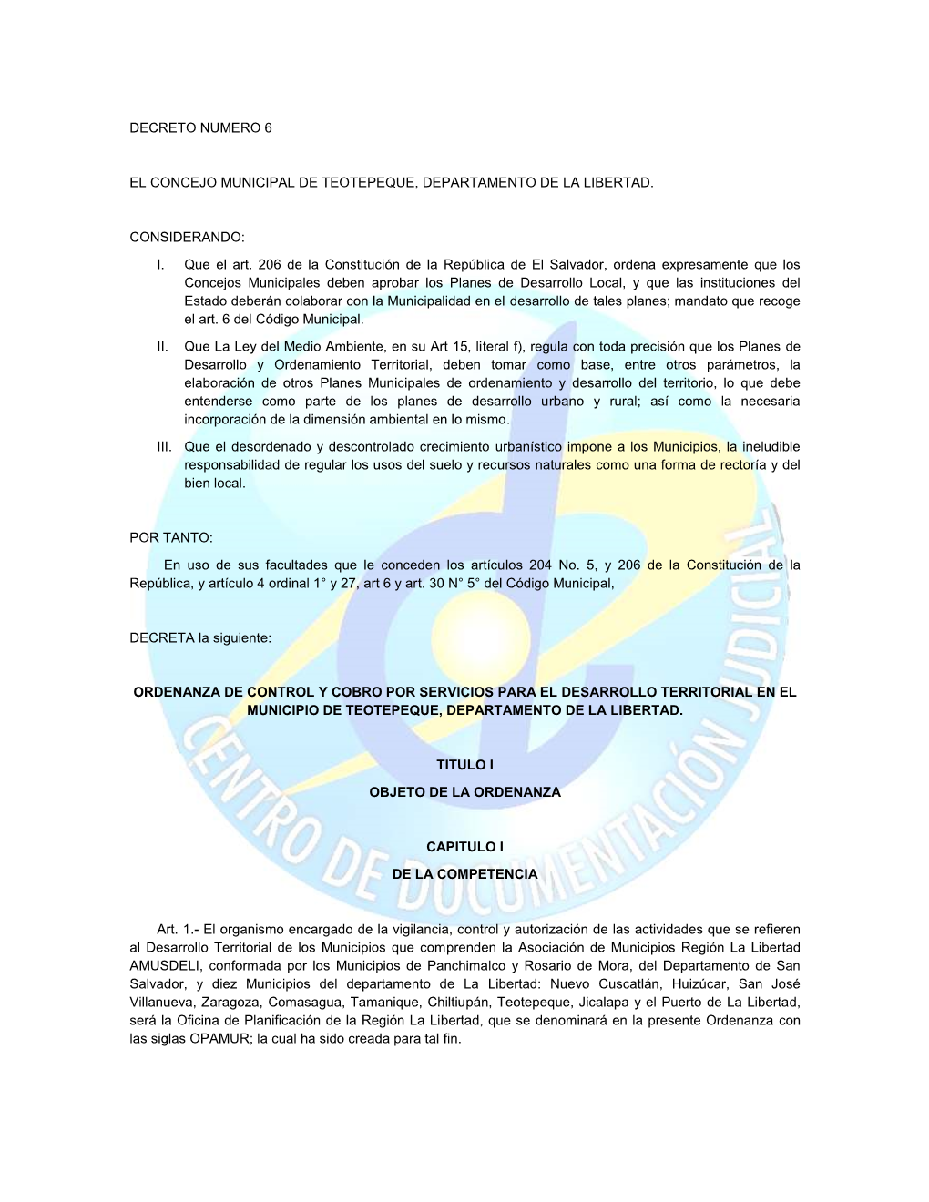 Decreto Numero 6 El Concejo Municipal De Teotepeque